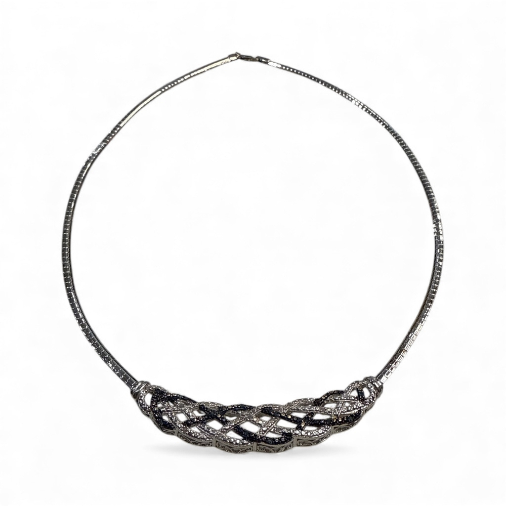 Rhinestone Costume Necklace Silver Tone Braided Detail 18”